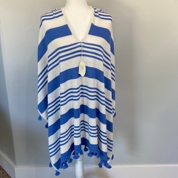 Caroline Grace Stripe Tassel Cashmere Blend Knit Poncho Shrug Topper White Wave - Picture 2 of 14